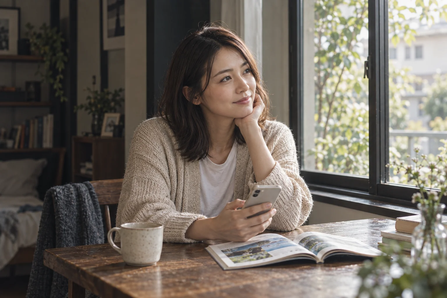 窓辺でスマートフォンを手に、まだ会っていない相手との未来を思い描く女性。AI生成のイメージ
