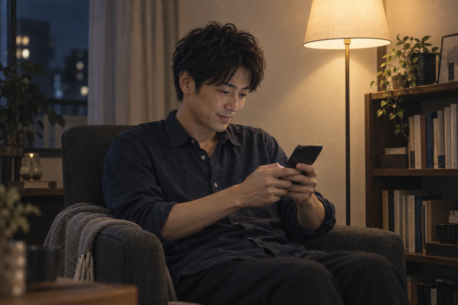 自分の部屋の読書椅子で、会う前の相手からのメッセージに返信する男性。AI生成のイメージ