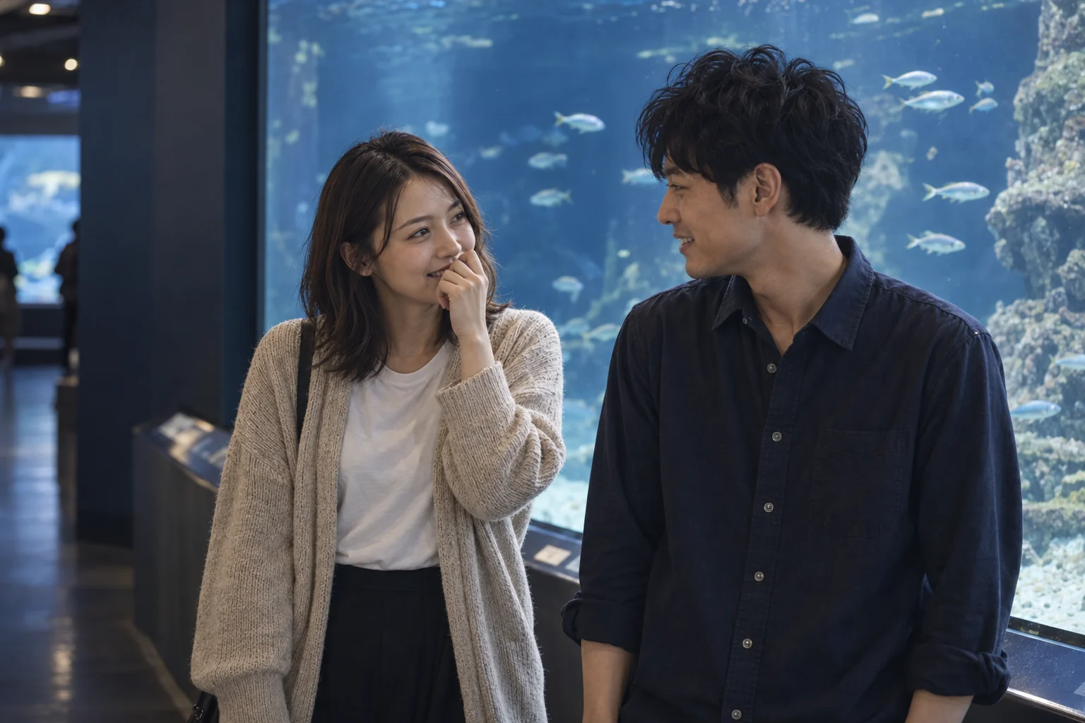 初デートの水族館で、泳ぐ魚を見ながら笑顔を交わすふたり。AI生成のイメージ