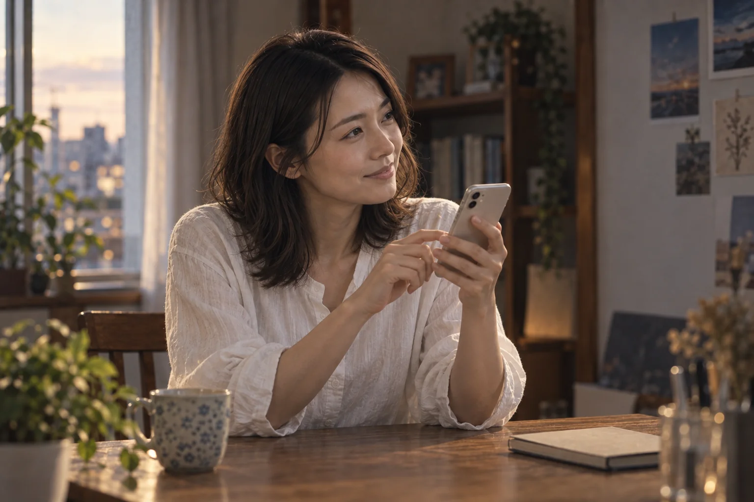 好きなところを思い返し、スマートフォンで相手への手紙を綴る女性。AI生成のイメージ