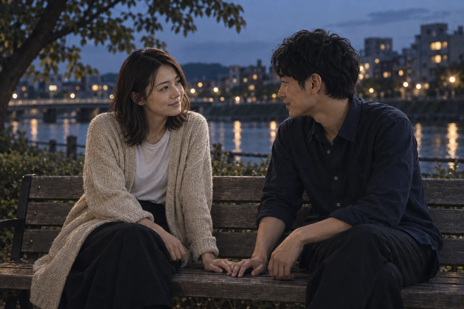 夕暮れの川沿いのベンチで向き合い、これからの気持ちを確かめるふたり。AI生成のイメージ
