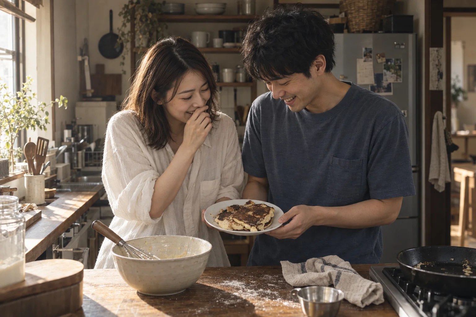 休日の台所で、少し焦げたパンケーキを見て笑い合う、カフェで出会ったふたり。AI生成のイメージ
