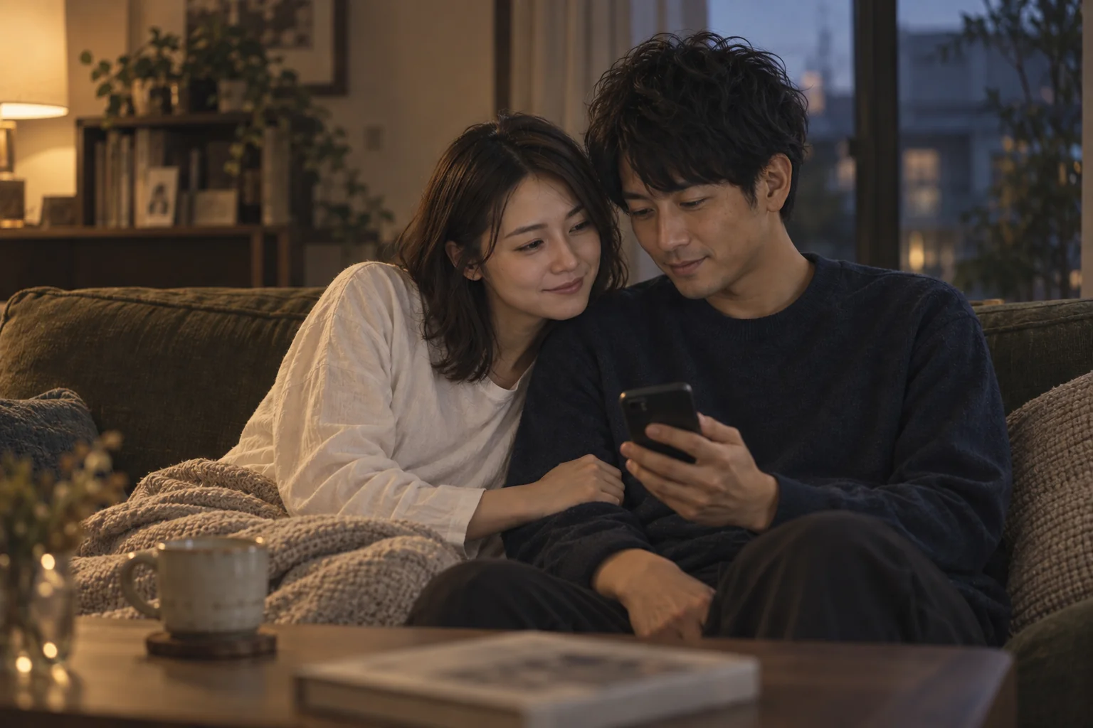 夜のソファで肩を寄せ、一つのスマートフォンを一緒に読み返す同じふたり。AI生成のイメージ