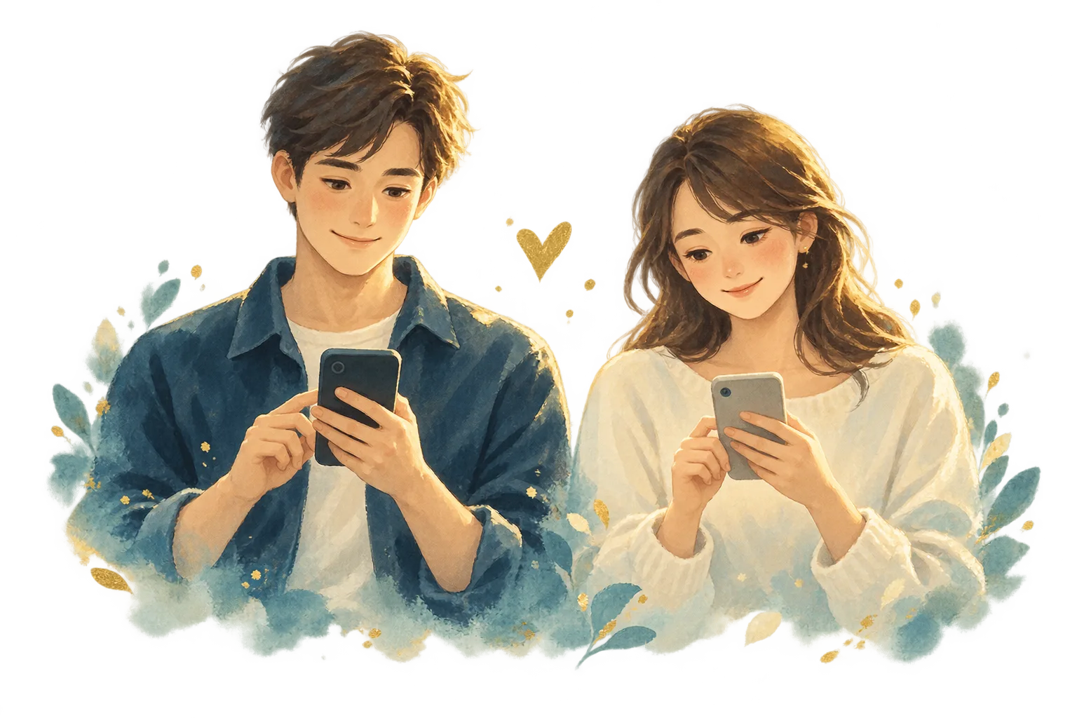 スマートフォンを持って操作する横並びの男女の間に、ハートマークが描かれているイラスト
