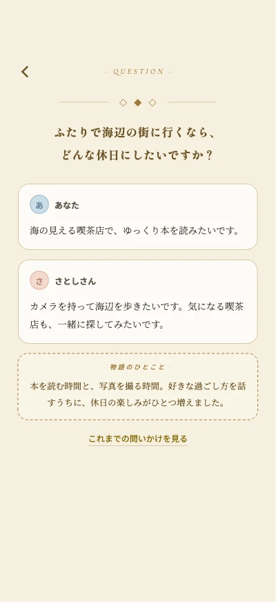 STORY-CUEの問いと、ふたりの回答を読み合うアプリ画面の表示例