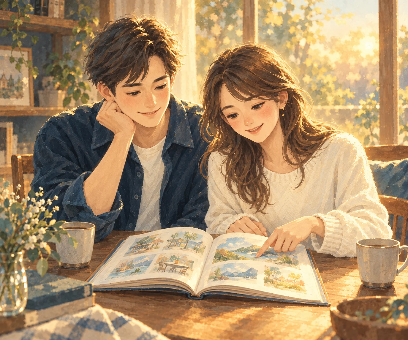 窓辺で一冊の思い出の本を一緒に眺めるふたりのイラスト