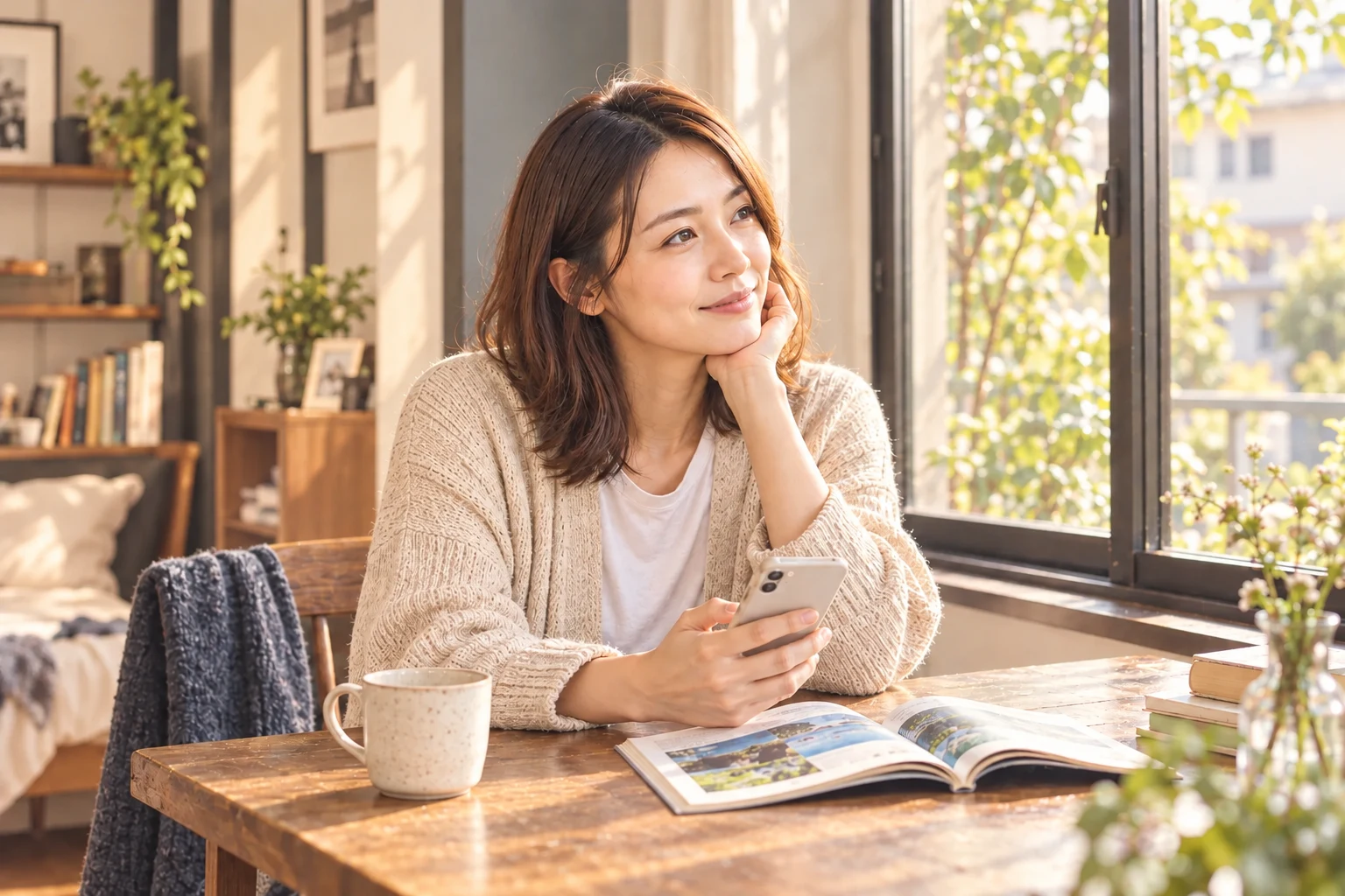 窓辺でスマートフォンを手に、まだ会っていない相手との未来を思い描く女性。AI生成のイメージ