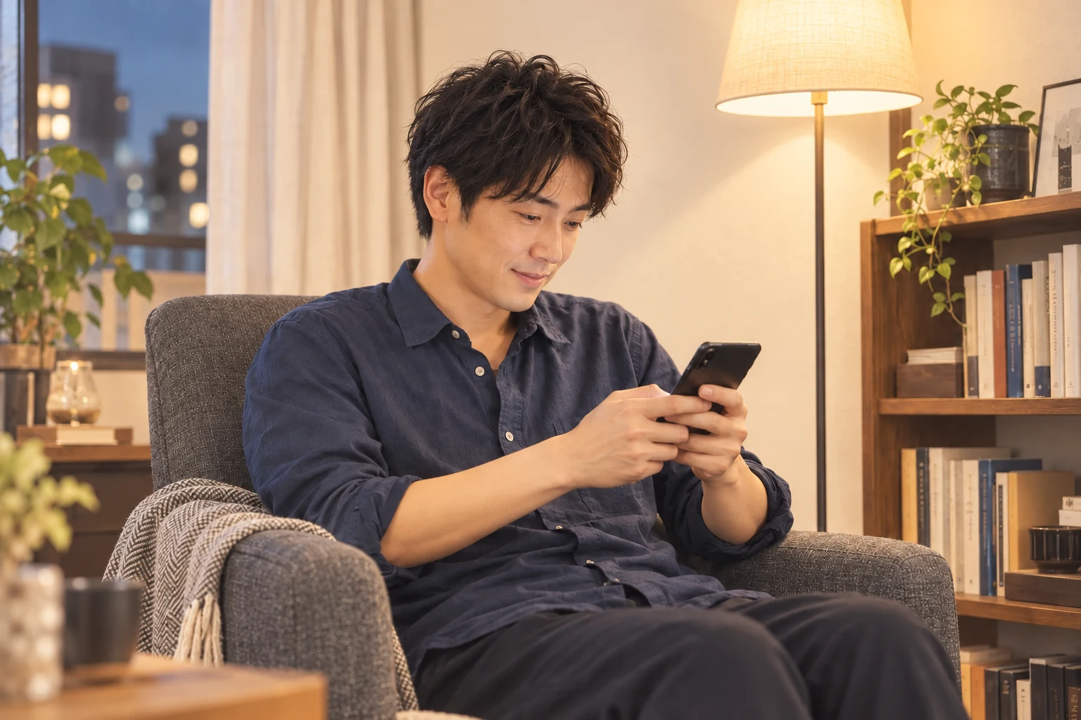 自分の部屋の読書椅子で、会う前の相手からのメッセージに返信する男性。AI生成のイメージ