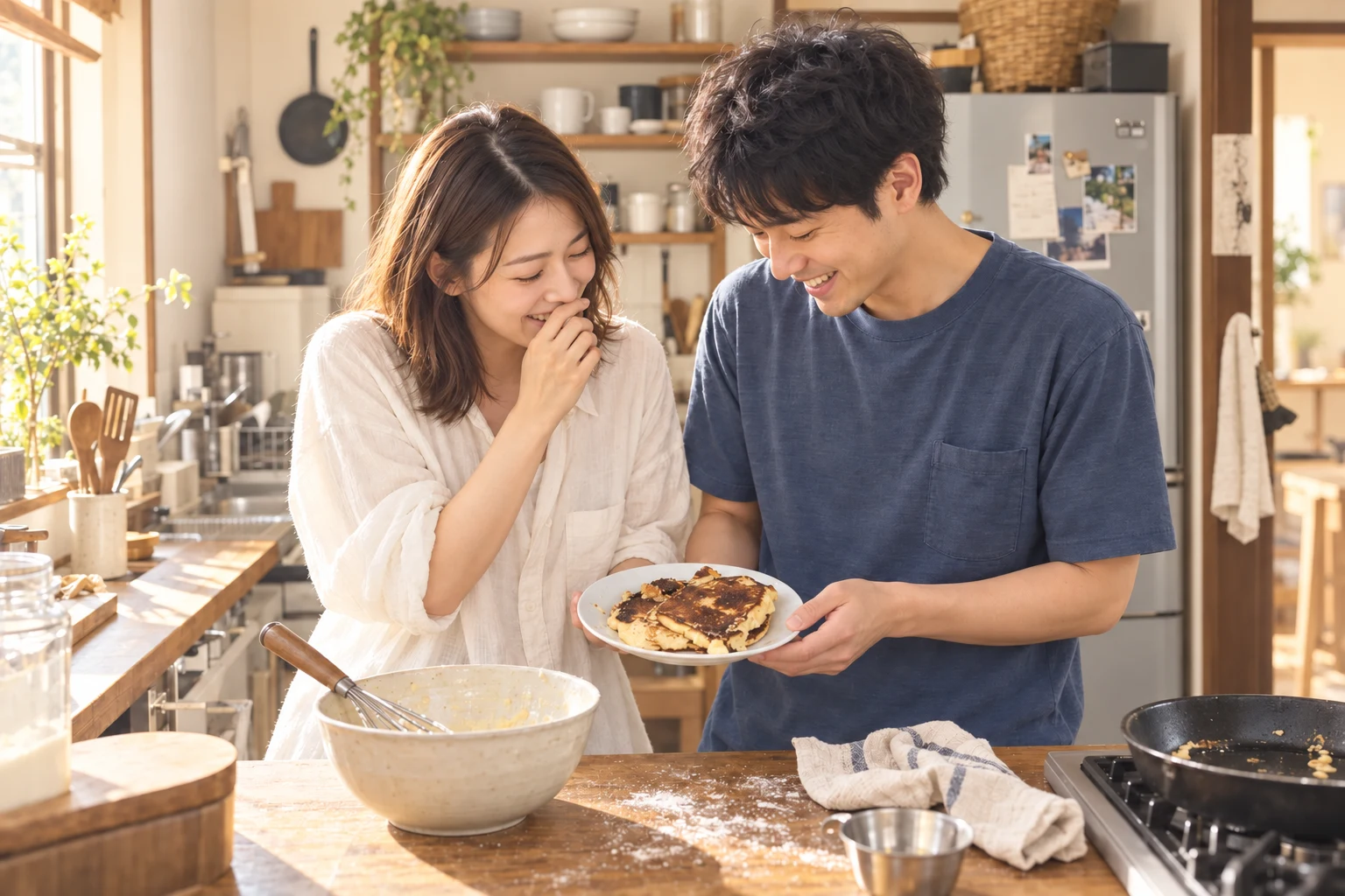 休日の台所で、少し焦げたパンケーキを見て笑い合う、カフェで出会ったふたり。AI生成のイメージ