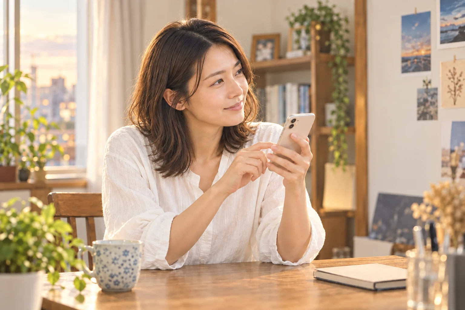 好きなところを思い返し、スマートフォンで相手の好きなところを言葉にする女性。AI生成のイメージ