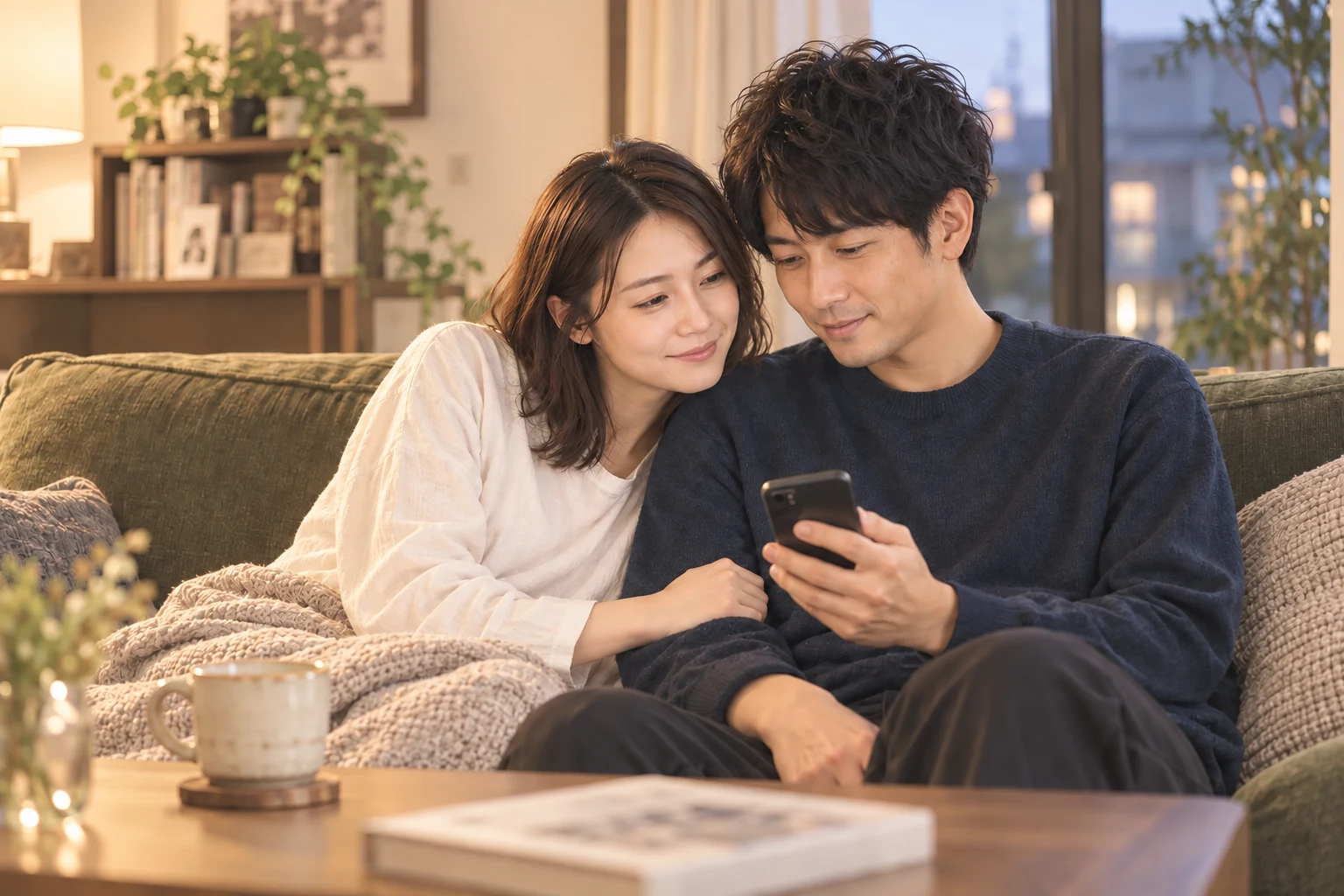 夜のソファで肩を寄せ、一つのスマートフォンを一緒に読み返す同じふたり。AI生成のイメージ