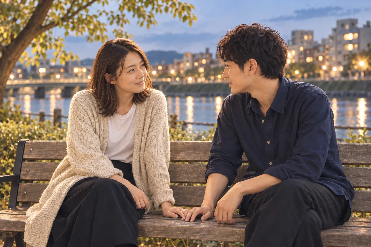 夕暮れの川沿いのベンチで向き合い、これからの気持ちを確かめるふたり。AI生成のイメージ